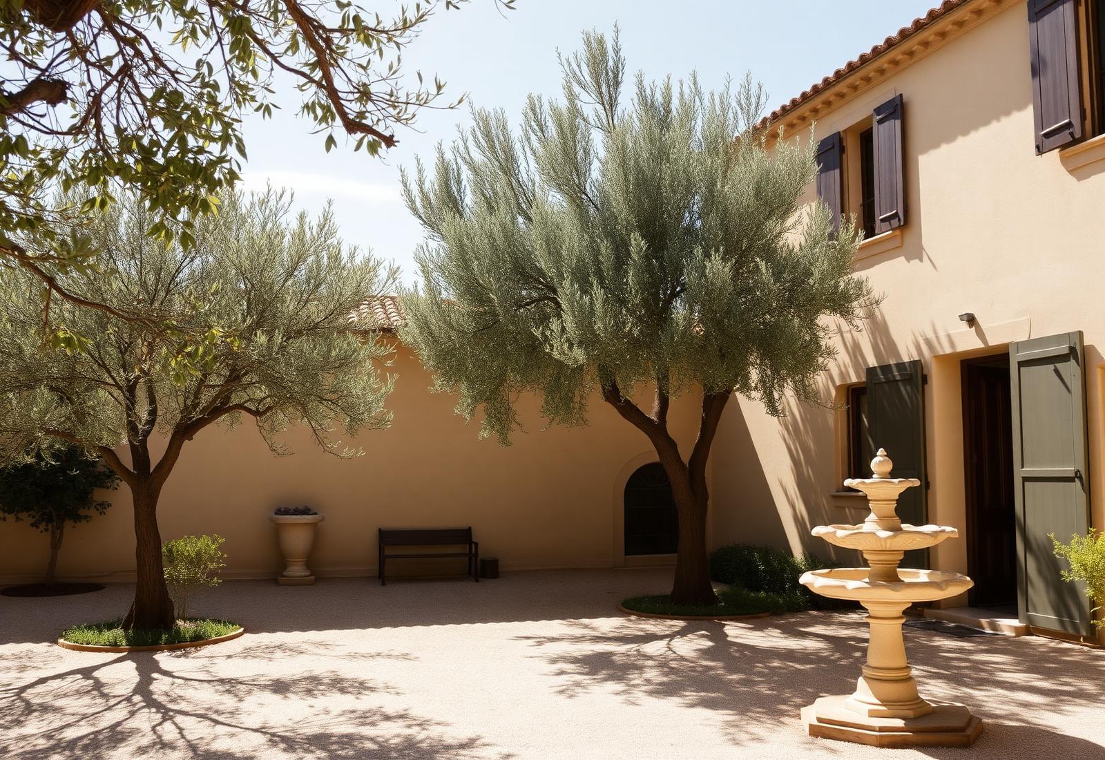 Provencal villa courtyard with olive trees