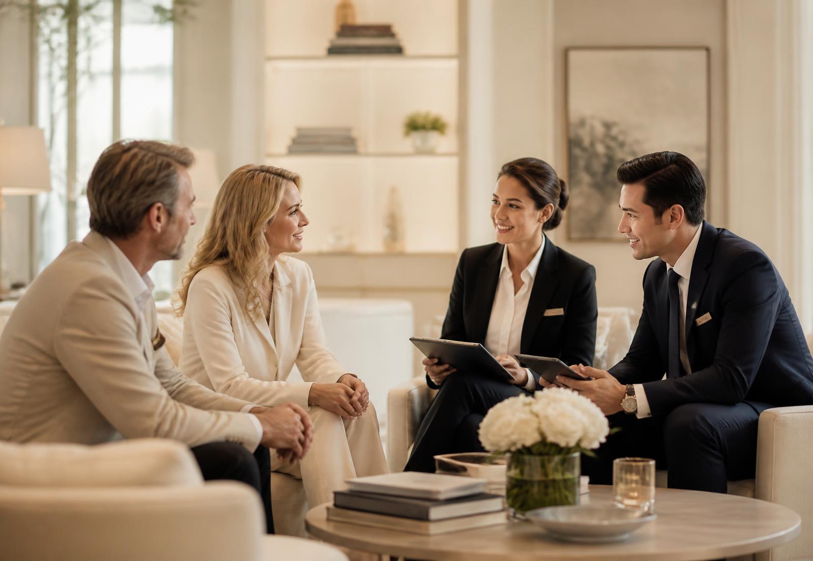 Concierge team meeting with clients in a luxury lounge